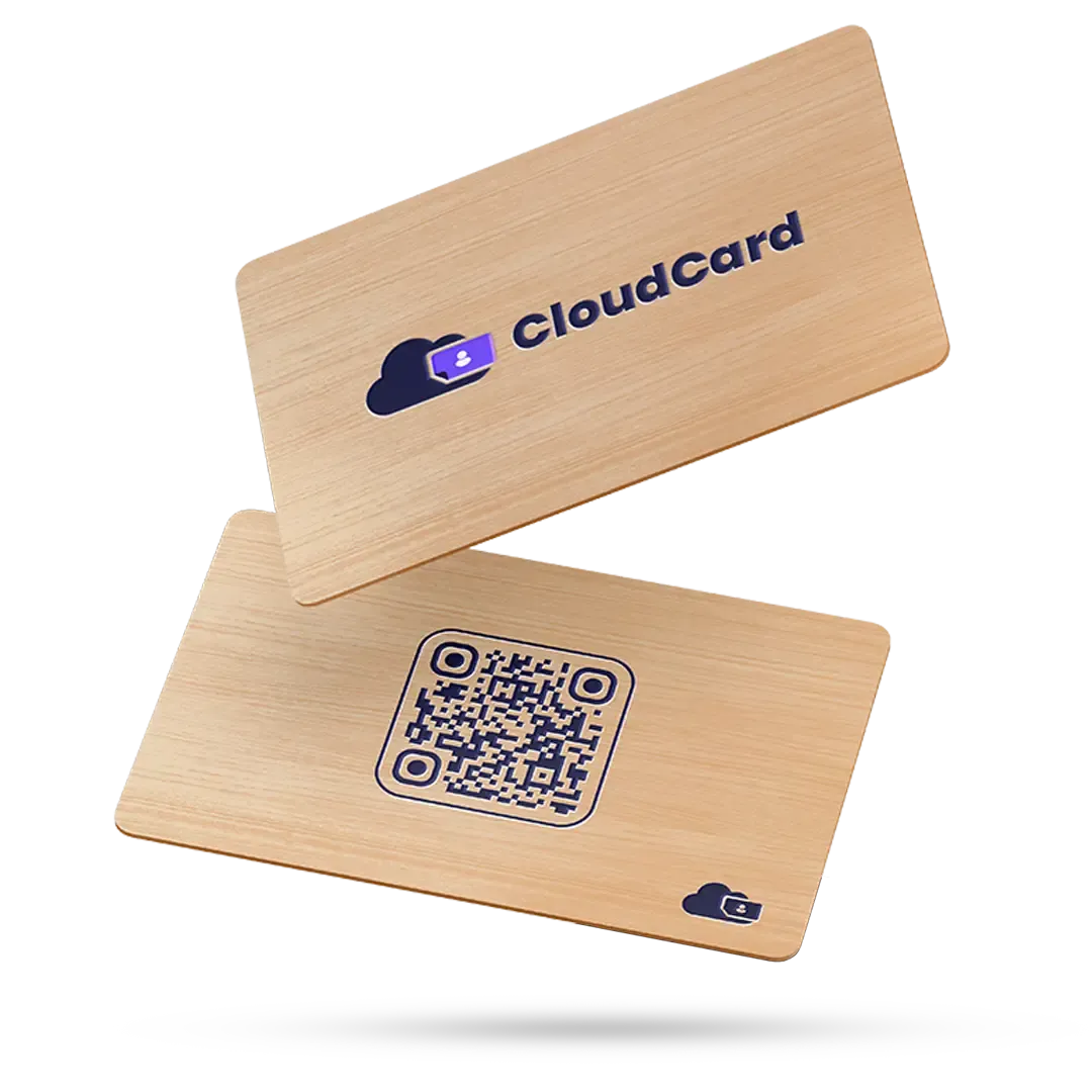 An engraved bamboo CloudCard NFC business card