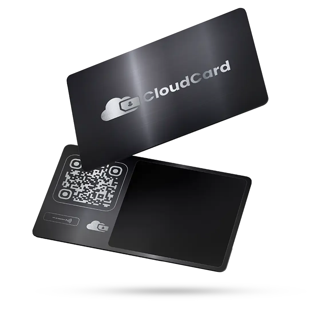 A black metal CloudCard NFC business card