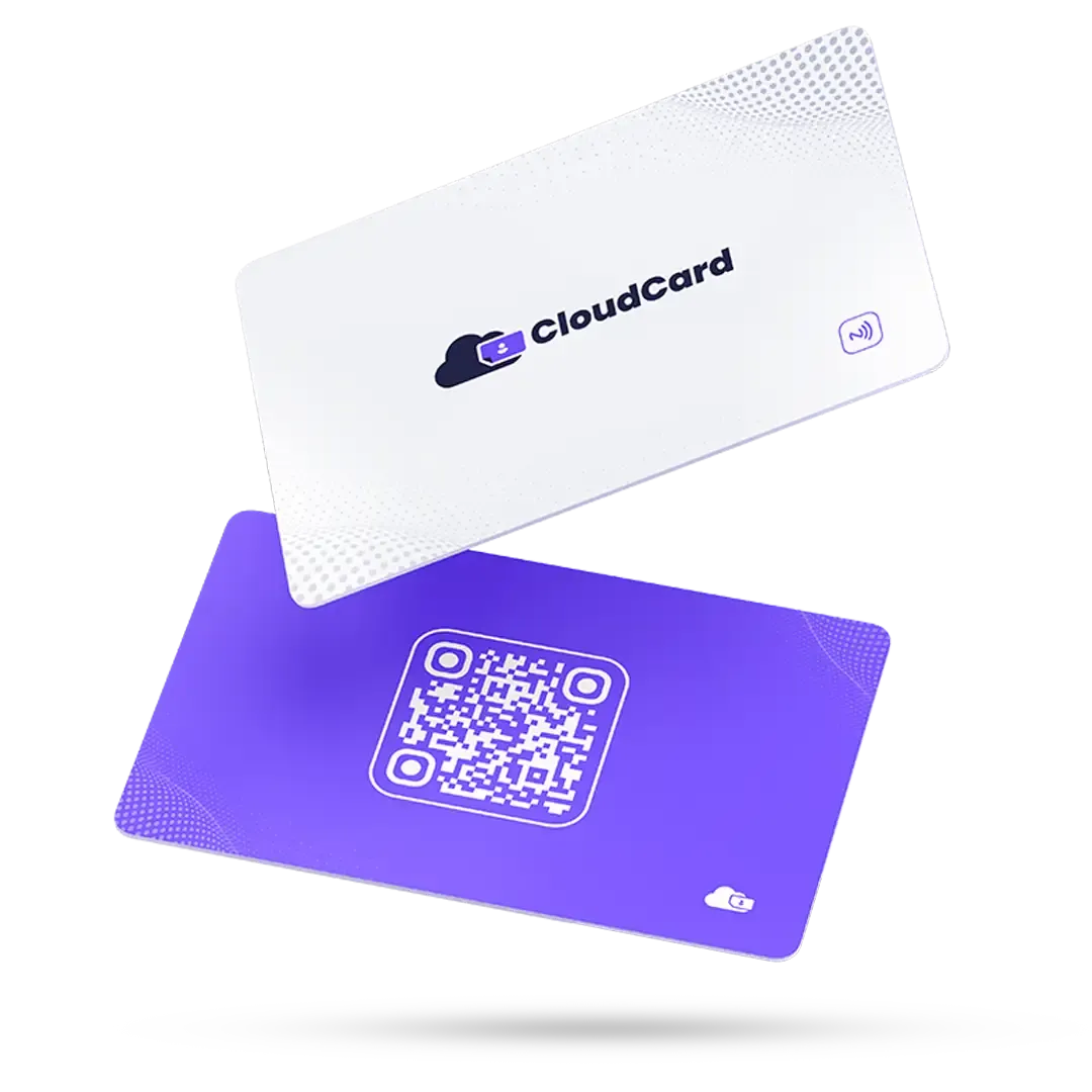 A white and purple PVC CloudCard NFC business card